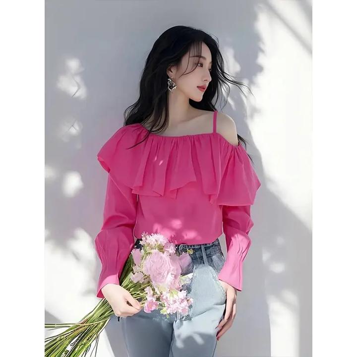 衬衫女2025早春今年流行的独特漂亮小衫玫红色一字露肩荷叶边上衣