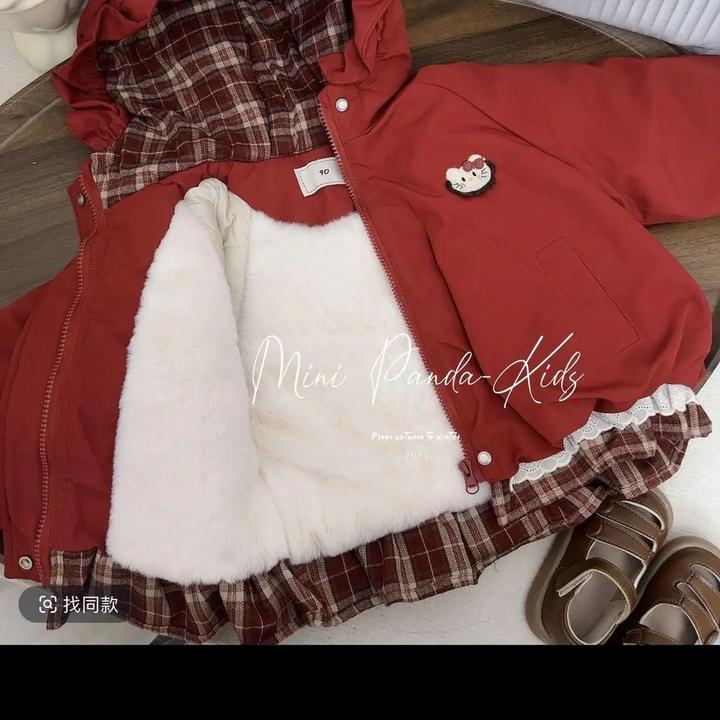 女童2025秋冬新款红色格子花边超厚加绒夹棉外套女童服棉服