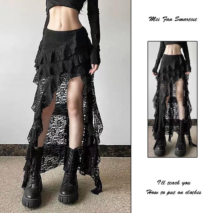 y2k朋克风蕾丝不规则短裙女春季辣妹高腰设计感荷叶边开叉半身裙
