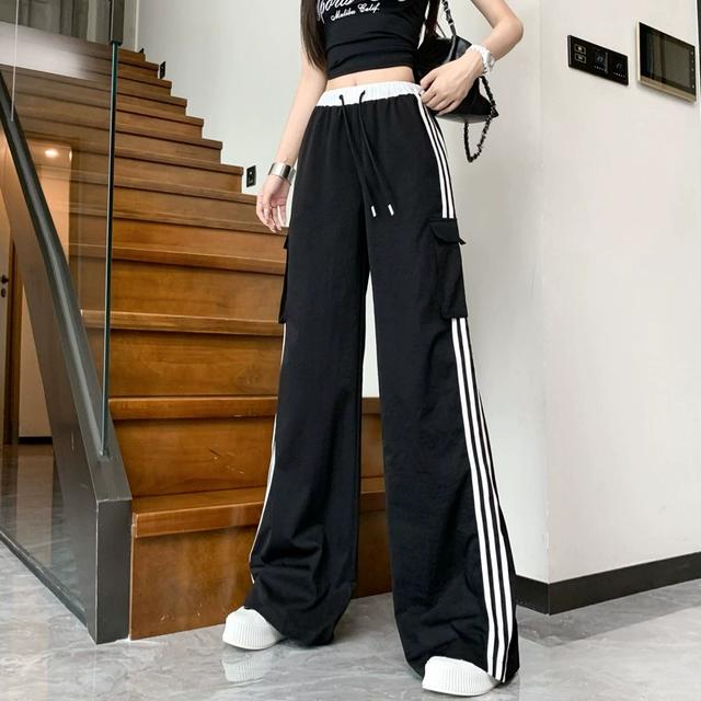 黑色工装阔腿裤女夏季薄款ins潮设计感条纹伞兵裤宽松直筒拖地裤