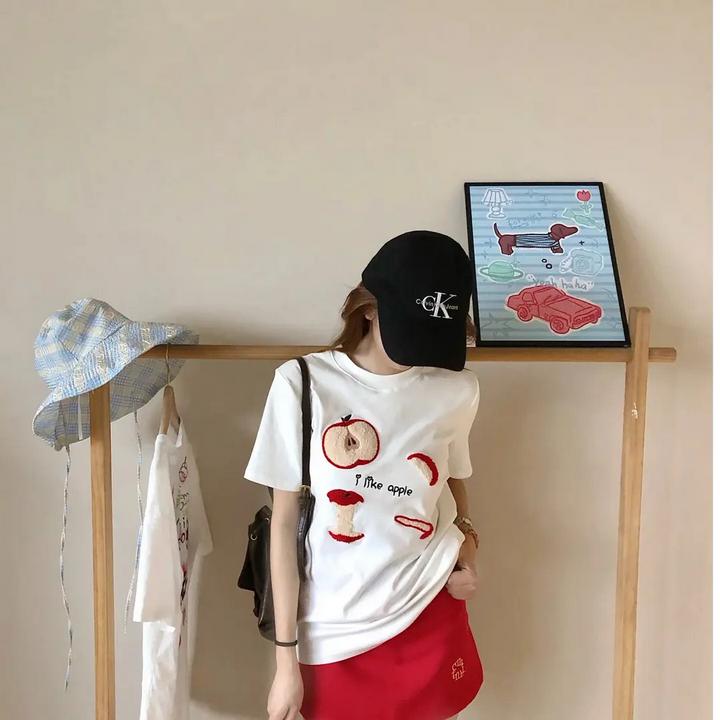 毛巾绣白色正肩T恤女夏季韩系ins字母刺绣短袖休闲圆领卡通上衣