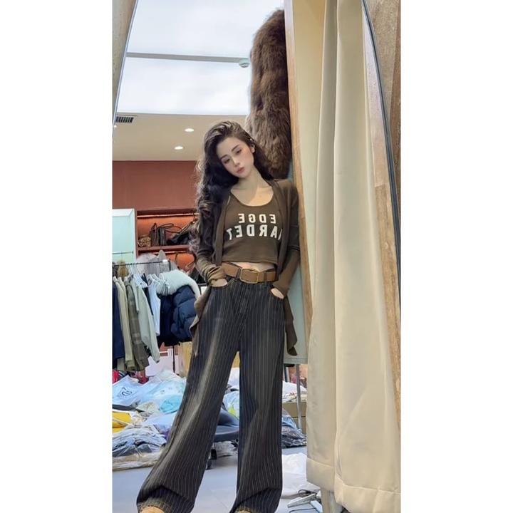 绑带内搭开衫字母印花吊带背心条纹牛仔裤阔腿裤直筒裤长裤裤子女