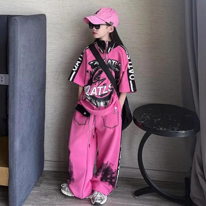 夏季新款印花拉链立领短袖裤子运动两件套女童超酷街舞表演服宽松