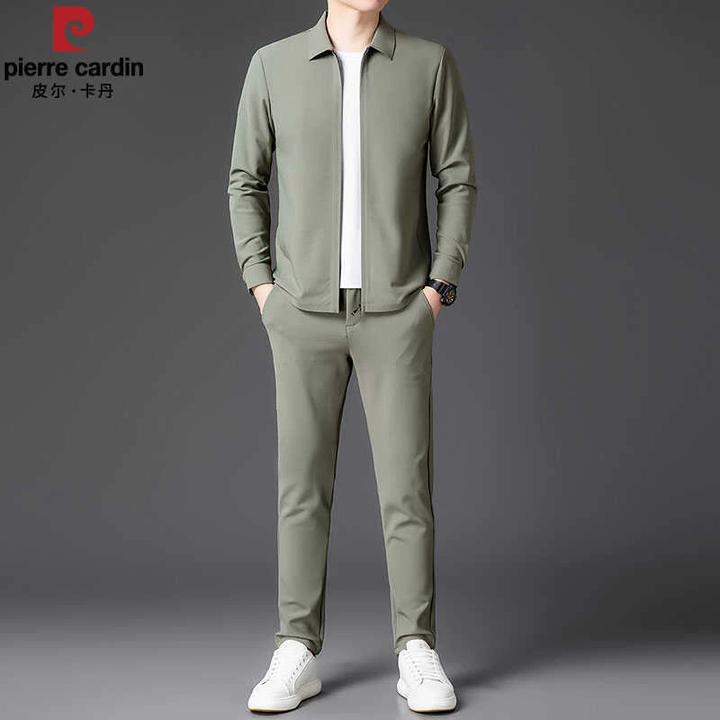 皮尔卡丹春秋季翻领纯色长袖开衫男士卫衣套装商务休闲拉链两件套