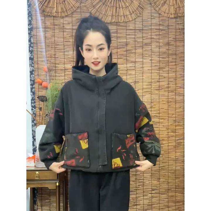 2024年新款冬牛仔印花加绒加厚两面穿休闲棉衣女百搭显瘦连帽棉服
