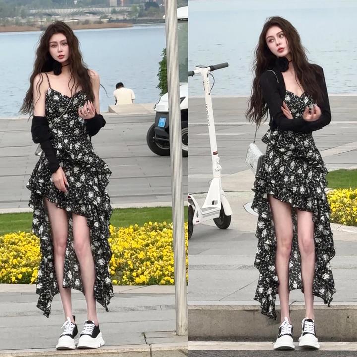 法式荷叶边吊带碎花连衣裙针织开衫套装春夏纯欲性感不规则长裙