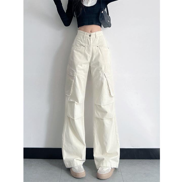 175高个子显瘦褶皱多口袋拖地工装裤春夏米白色高腰直筒休闲裤女