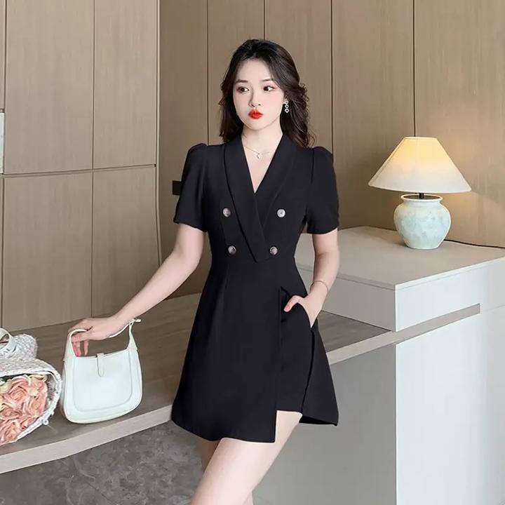 韩国chic夏季气质时尚职业套装女高端泡泡袖修身西装连衣裙+短裤