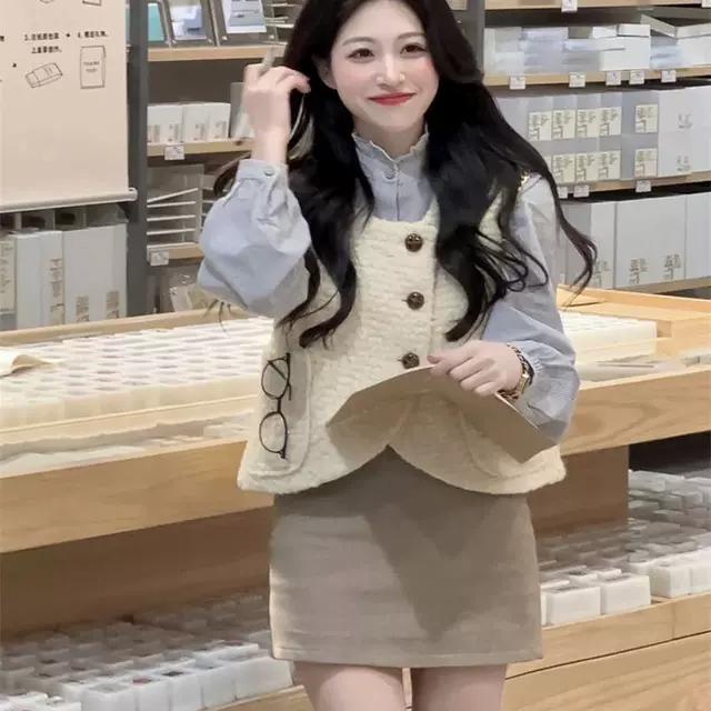 三件套2024秋季韩系叠穿衬衫上衣设计感马甲背心高腰半身裙套装女