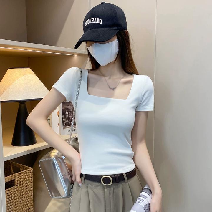 棉白色方领短袖恤女春夏低领修身露锁骨打底衫内搭紧身领上衣