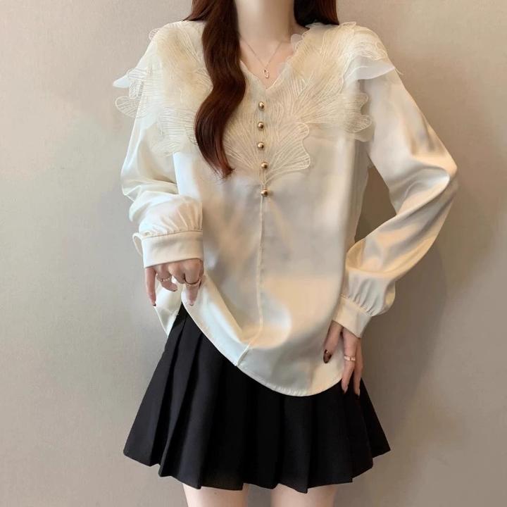 【新年穿搭】微胖妹妹大码立体花朵V领长袖衬衫女法式醋酸缎面上衣