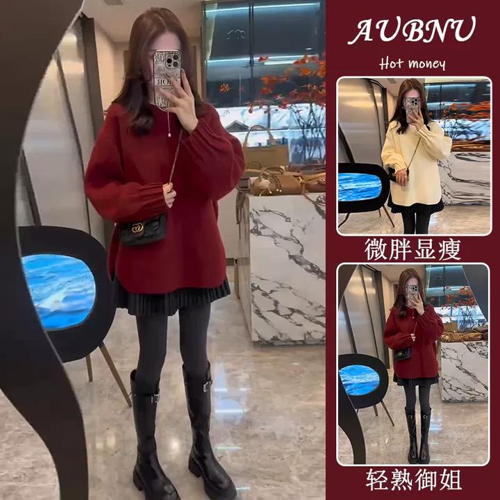 秋冬季超好看独特漂亮套装韩版休闲慵懒风红色毛衣半身短裙两件套