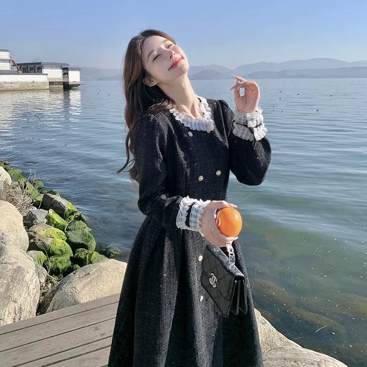 气质高级感小香风黑色连衣裙女秋冬2024年新款法式赫本风收腰长裙