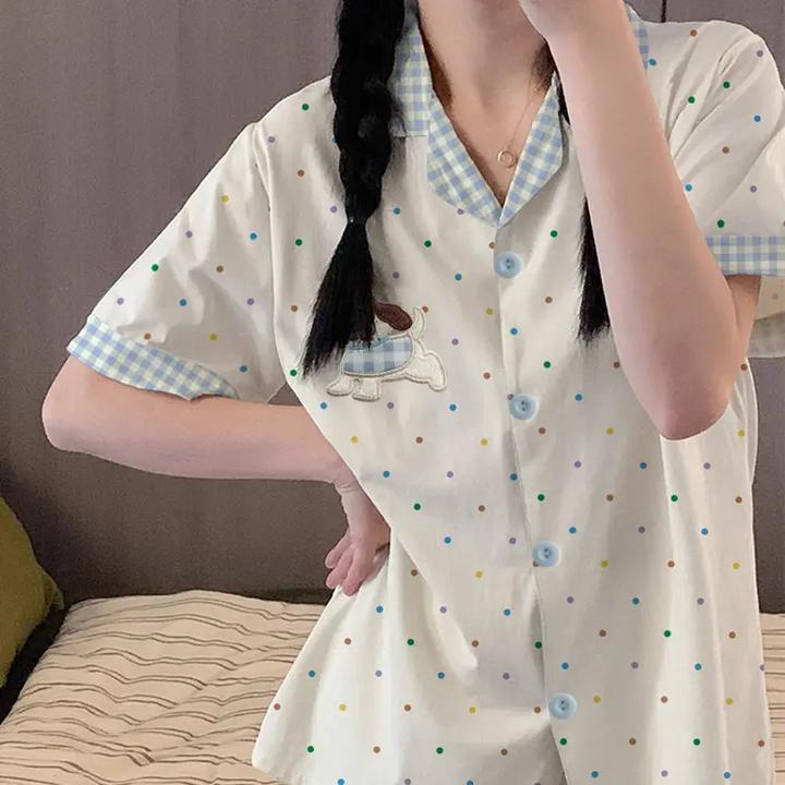 韩版ins风可爱小狗睡衣女夏季新款短袖短裤高颜值波点家居服套装