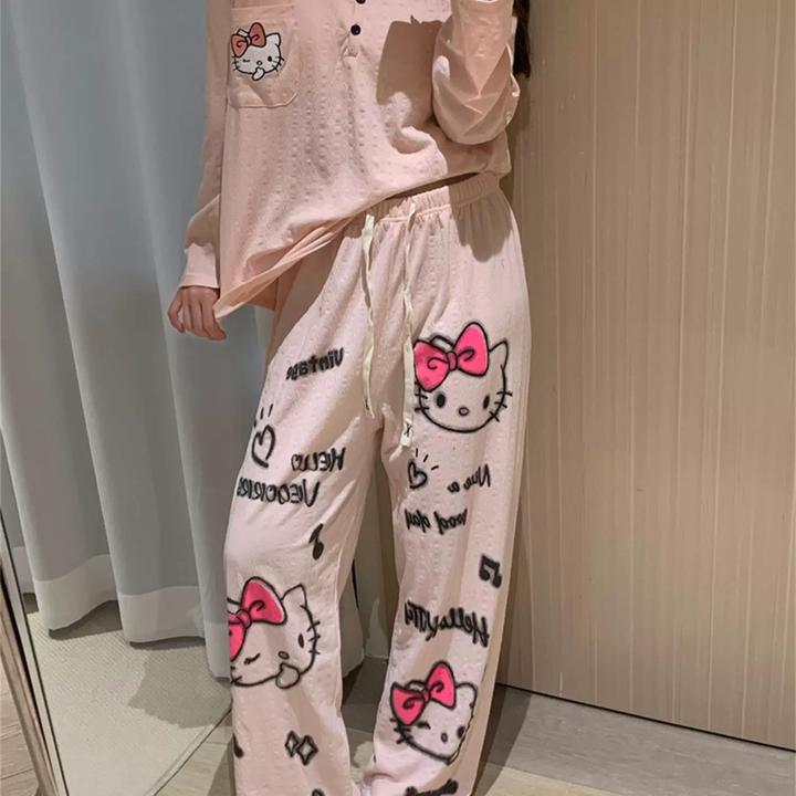 2025新款设计感卡通印花睡衣少女春秋款大码长裤家居服套装可外穿