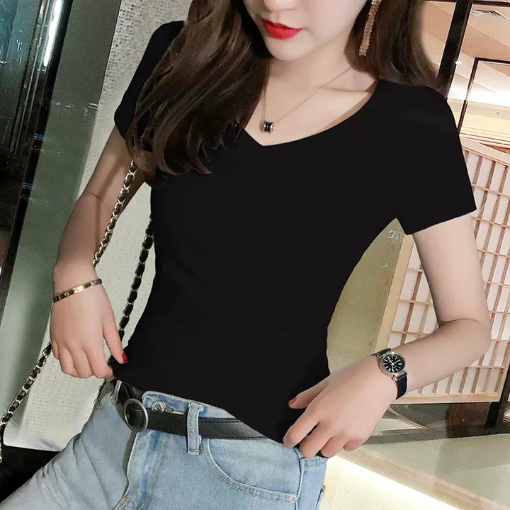 黑色V领短袖T恤女士2022年新款修身打底衫百搭低领紧身上衣ins潮