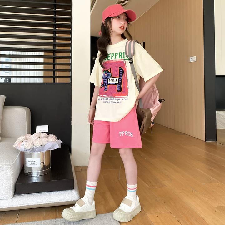 卡通套装女大童夏款休闲2025新款学生女孩短袖短裤网红猫咪两件套