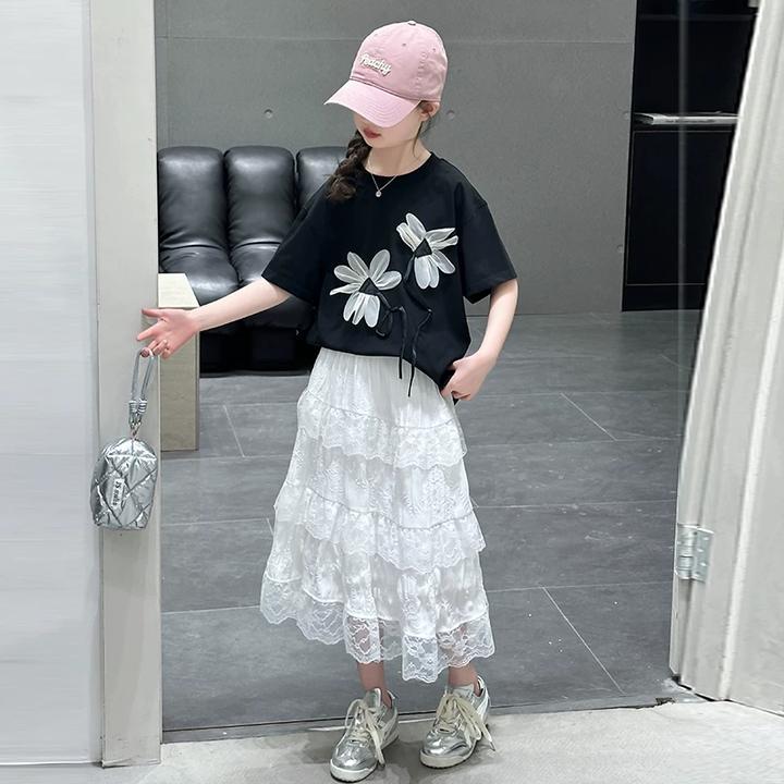 女童夏季套装2025新款儿童洋气时髦裙子夏装大童短袖半身裙两件套