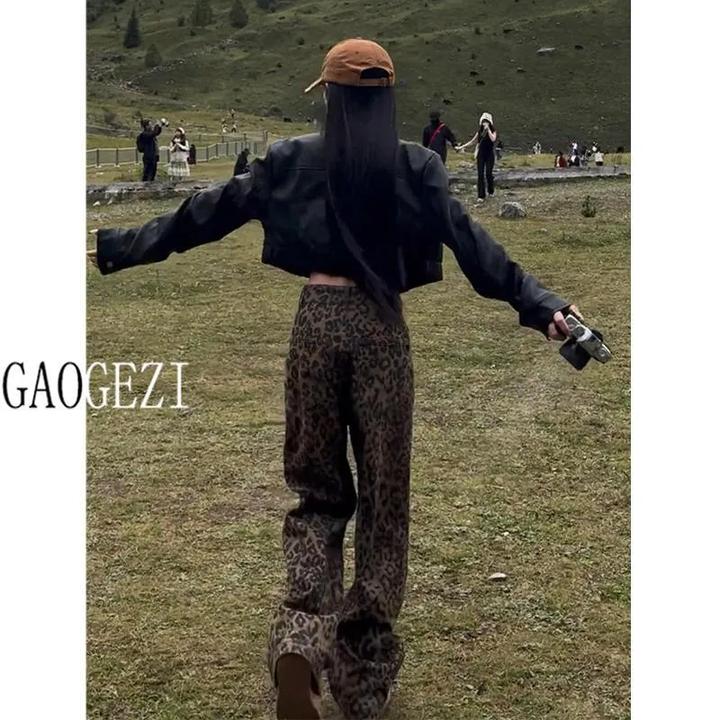 高个子加长版豹纹阔腿牛仔裤女秋冬高腰美式复古高街宽松直筒裤子