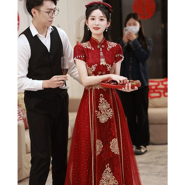 2025新款敬酒服新娘高级感旗袍订婚礼服连衣裙刺绣回门服网纱红色