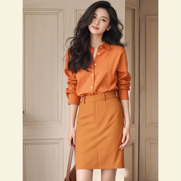 早秋穿搭2024新款法式正式场合气质彩色艺术生橘色衬衫连衣裙套装