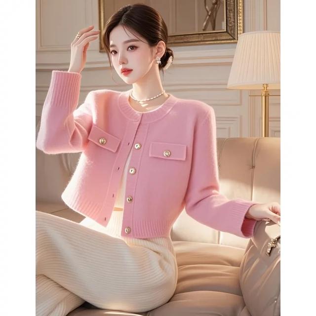 秋季穿搭一整套漂亮女装高端时尚气质小香风粉色针织毛衣裤子套装