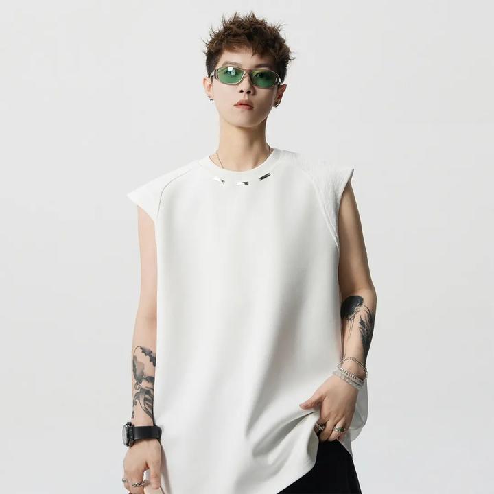 美式重磅痞帅解构拼接无袖T恤男款夏季潮牌金属标运动坎肩背心