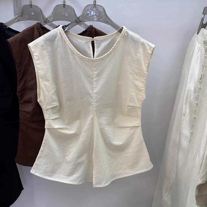 纯色无袖棉麻衬衫背心女夏季新款大码胖小飞袖褶皱亚麻圆领上衣