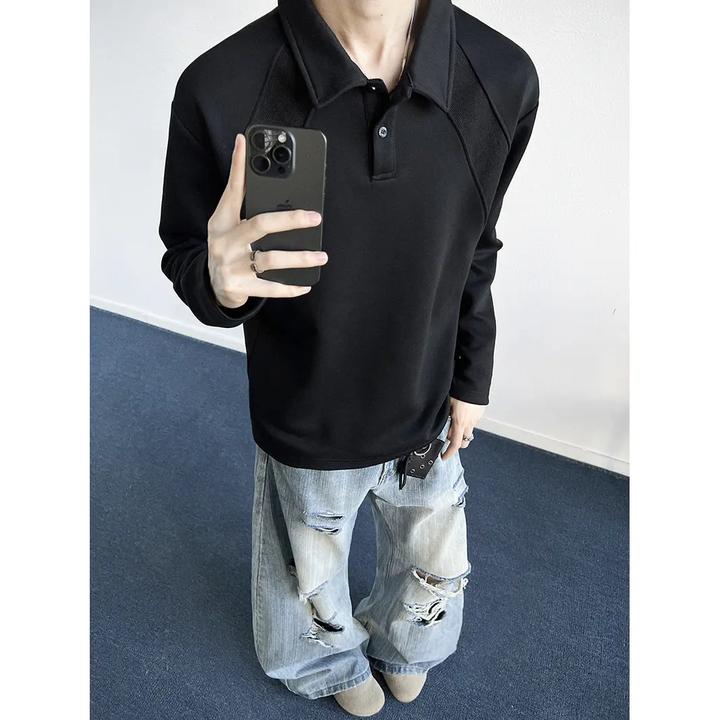 黑色美式正肩polo衫男女秋新款解构翻领长袖t恤重磅内搭无帽卫衣