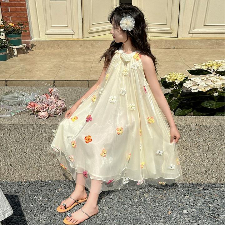 小女孩夏装连衣裙2025新款初中生花朵裙子小学生纱裙女大童公主裙
