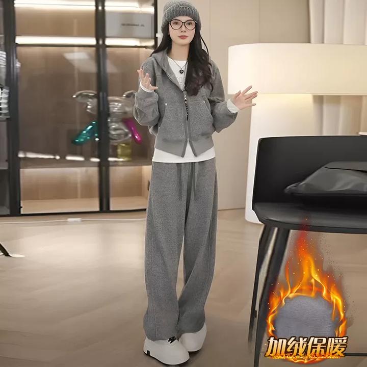 运动套装女冬季2024新款韩版时尚修身显瘦加厚休闲卫衣卫裤两件套