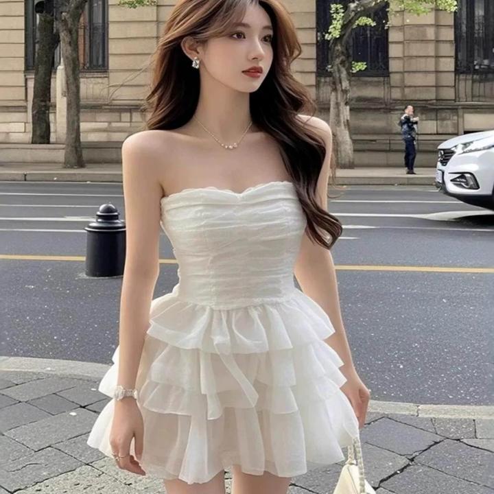 Fifth Day 白色蛋糕裙夏气质名媛甜美纯欲一字领纱网连衣裙小礼服