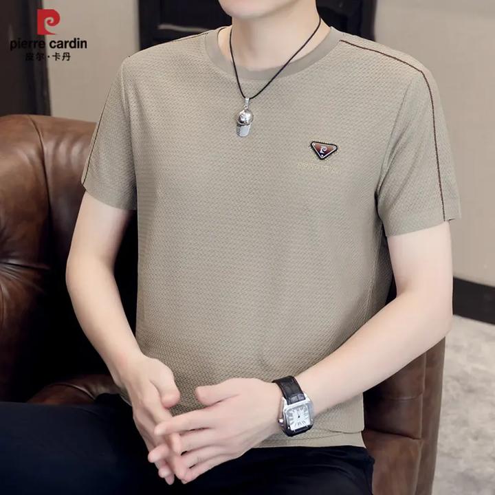 皮尔卡丹男士夏季高档冰丝百搭圆领短袖时尚透气薄款纯色半袖T恤.