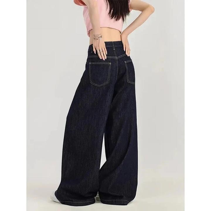 美式复古深蓝色阔腿牛仔裤女2025夏季新款休闲慵懒垂感高腰拖地裤