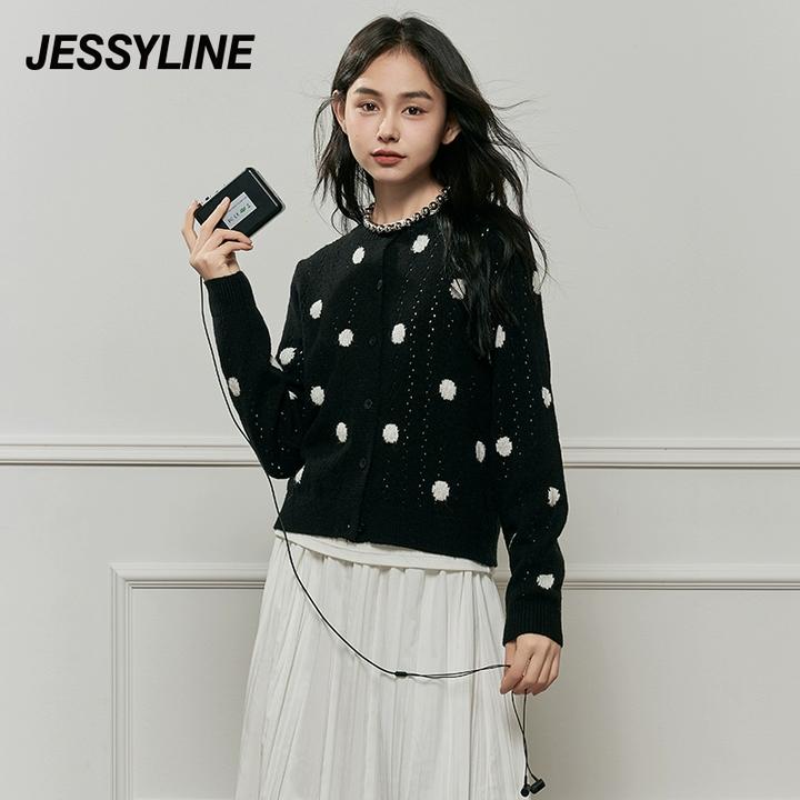 杰茜莱黑白拼色小清新短针织开衫女2024秋新款打底毛衣 jessyline