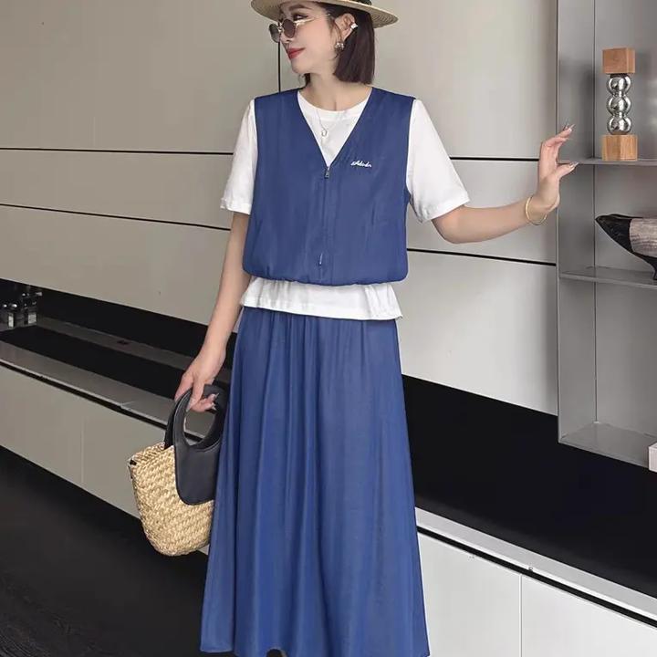 法式气质牛仔马甲假两件半身裙套装女夏季显瘦时尚轻熟风洋气裙子