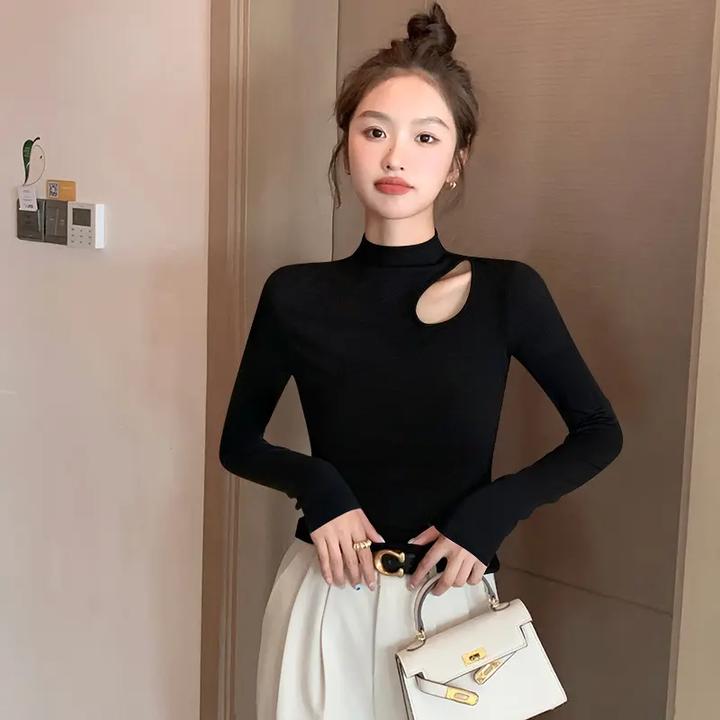 半高领打底衫女镂空长袖春秋冬内搭洋气高级感黑色螺纹新款上衣潮