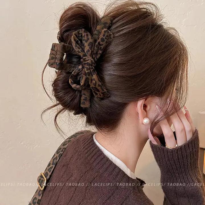豹纹蝴蝶结抓夹女高级感大号鲨鱼夹2025新款秋冬后脑勺盘发夹发饰