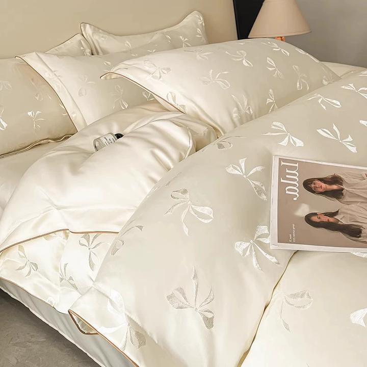 水星家纺适用夏季水洗床单蝴蝶结提花四件套丝滑裸睡被套冰丝轻奢