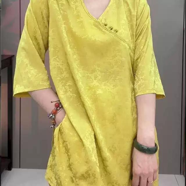 加肥大码女装v领斜襟盘扣暗花小衫 胖mm新中式国潮风气质显瘦上衣