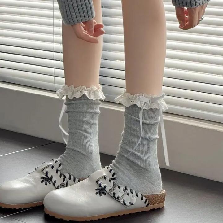 白色蕾丝花边小腿袜女春款防臭灰色中筒堆堆袜咖色蝴蝶结短袜FFX