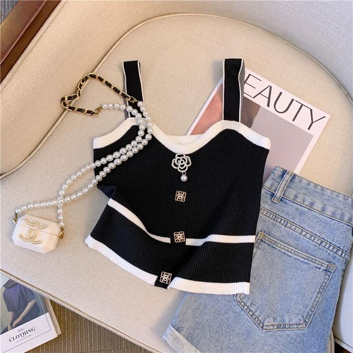 小香风吊带背心女夏纯欲性感辣妹法式甜辣重工烫钻山茶花针织上衣