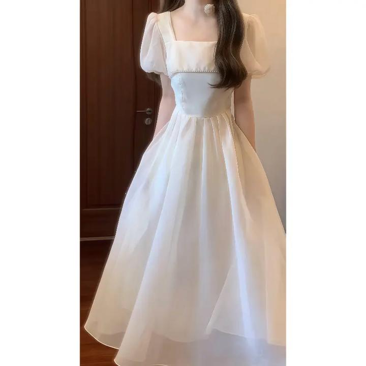 法式温柔香槟色方领泡泡袖连衣裙气质伴娘礼服仙女长裙