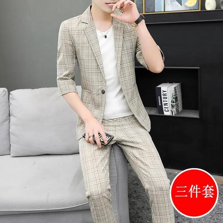 2025新款夏季休闲时尚小西装外套男薄韩版七分袖西服套装中袖一套