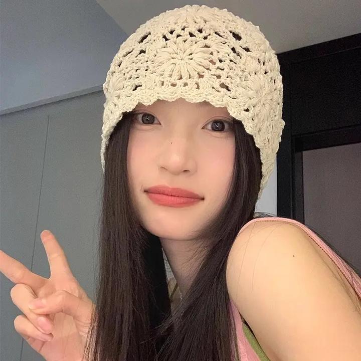 日系白色镂空编织包头帽子女薄款毛线帽2025新款针织帽堆蕾丝帽子