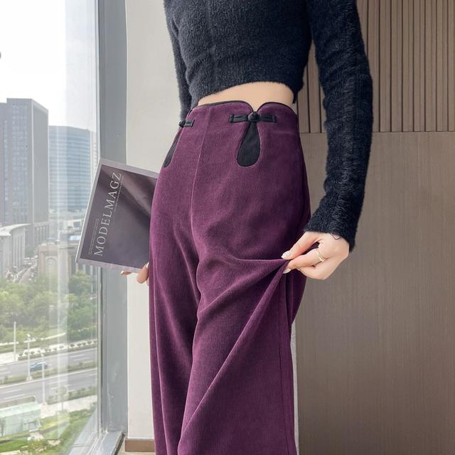 新中式盘扣紫色灯芯绒阔腿裤女秋冬高腰宽松垂感雪尼尔休闲直筒裤