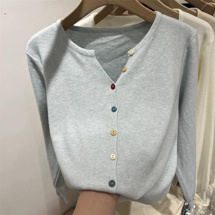 2025早春新款彩色扣子V领长袖针织衫开衫女毛衣洋气打底衫上衣潮