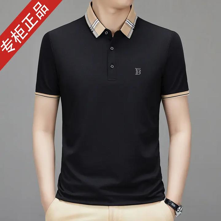 夏季新款英伦轻奢短袖T恤男桑蚕丝时尚高端商务休闲宽松翻领上衣