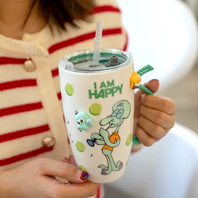 海绵宝宝马克杯带盖带吸管喝水杯子大容量情侣陶瓷车载家用咖啡杯