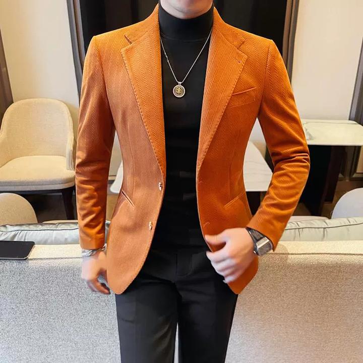 灯芯绒西装外套男士秋冬新款高品质痞帅加厚保暖帅气修身西服上衣
